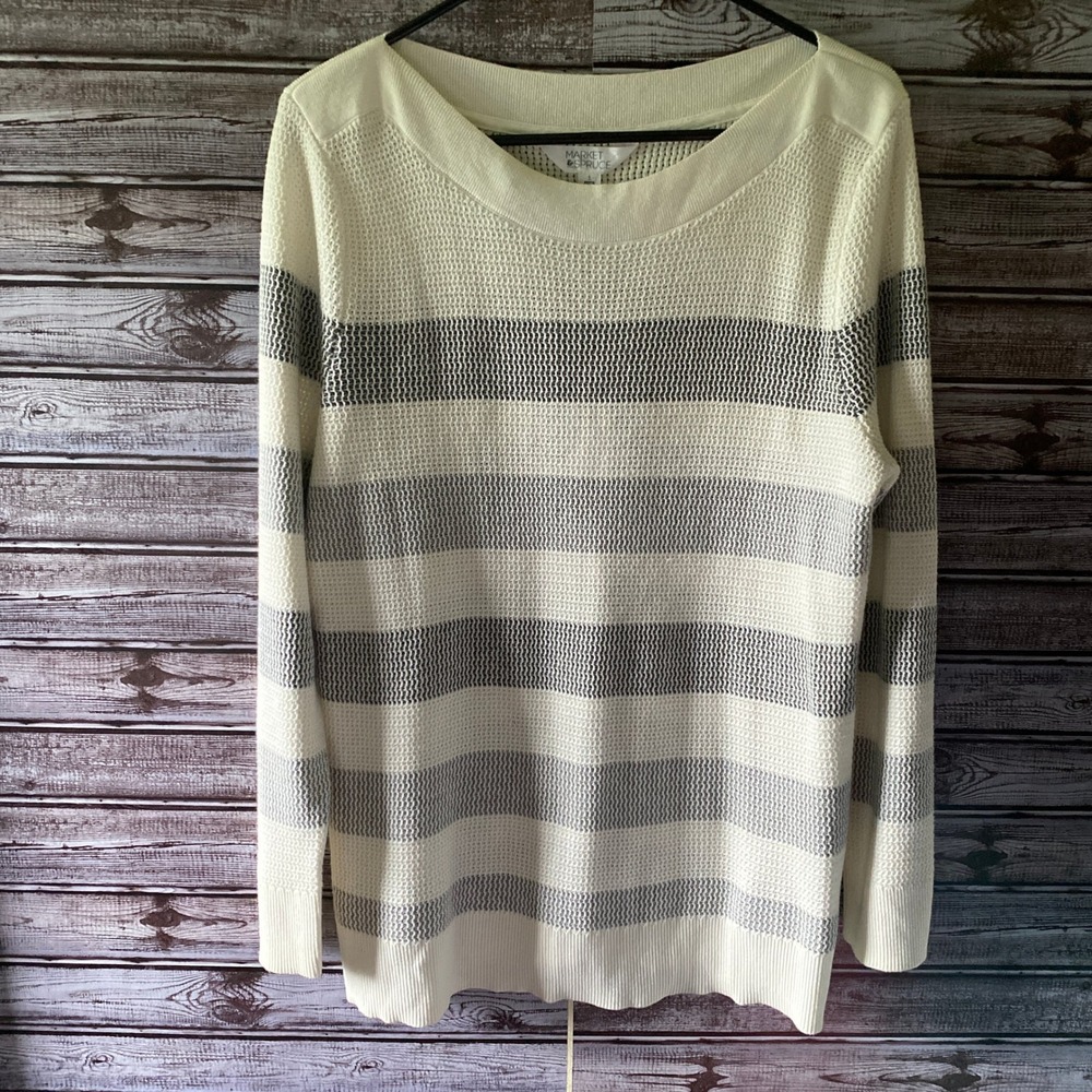 Market & Spruce Women's Waffle Stitch‎ Sweater Size L Petite White Striped NWT
